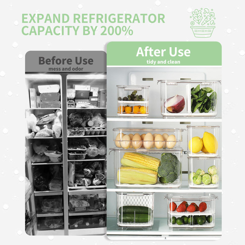 Food Storage Containers Fridge Produce Saver- Stackable Refrigerator Organizer Keeper Drawers Bins Baskets With Lids And Removable Drain Tray For Veggie, Berry And Fruits, 1 Medium And 1 Large