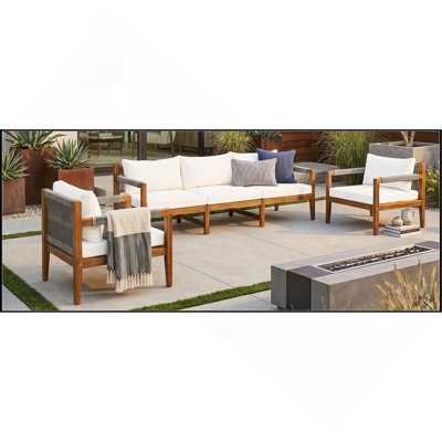 Ensemble de canapé modulaire d'extérieur 3 pièces, ensemble de conversation en corde tissée avec cadre en bois d'acacia massif, coussins amovibles résistants à l'eau pour la cour, la terrasse et la piscine, beige