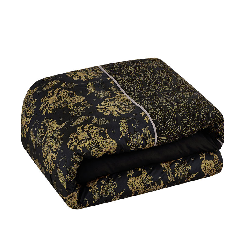 Ensemble d'édredon 7 pièces Vero Luxury, Motif floral noir, Grand édredon et 6 pièces supplémentaires
