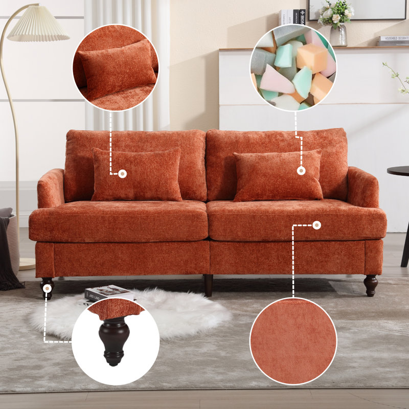 Canapé en chenille de style Mid-Century, Chenille orange foncé