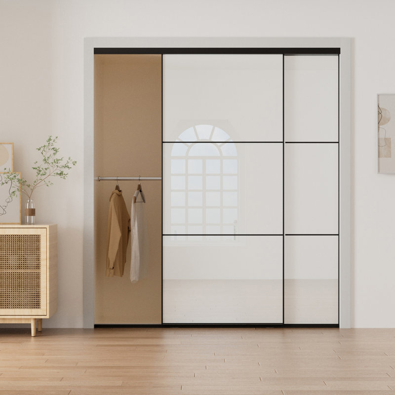 Porte coulissante à panneau en verre blanc avec cadre noir l 56 "à 60" x H 96 ", 60 po x 96 po, Noir