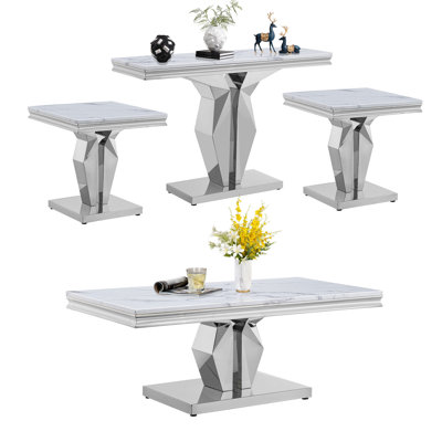 Ensemble de 4 tables basses en marbre, ensemble de tables de salon modernes comprenant 1 table basse, 1 console et 2 tables de bout pour le salon, plateau en faux marbre blanc avec structure en acier inoxydable