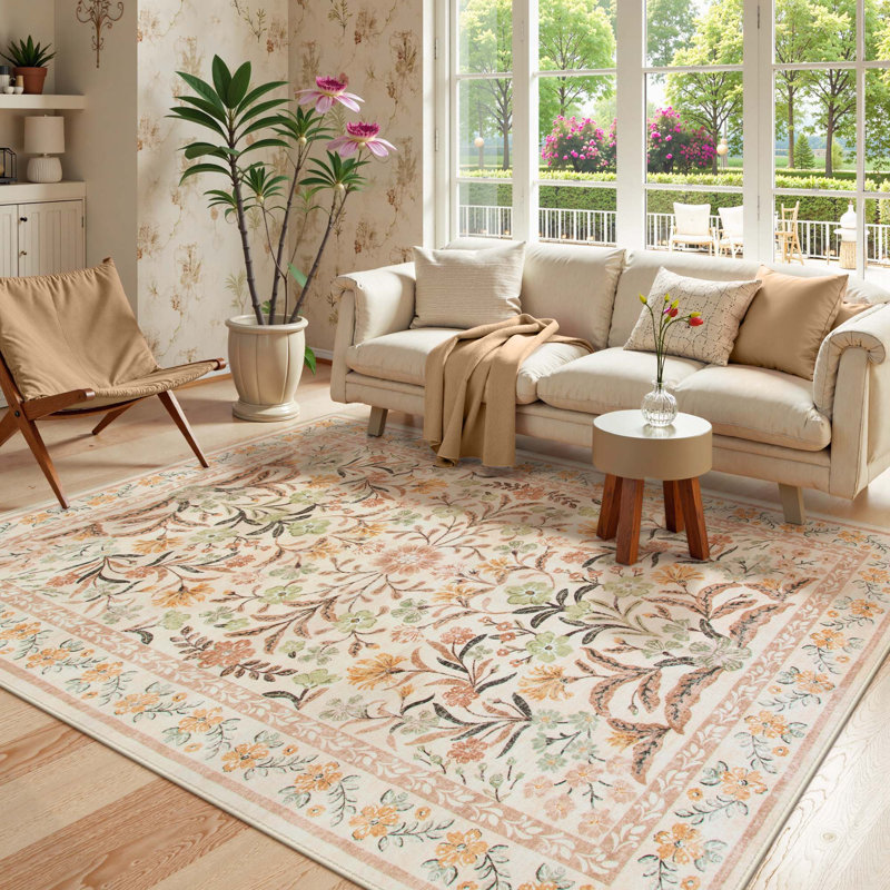 Washable Floral Area Rugs Boho Large Rugs Non-Slip for Bedroom Soft Rubber Backed Carpet, Rectangle 5' x 7'