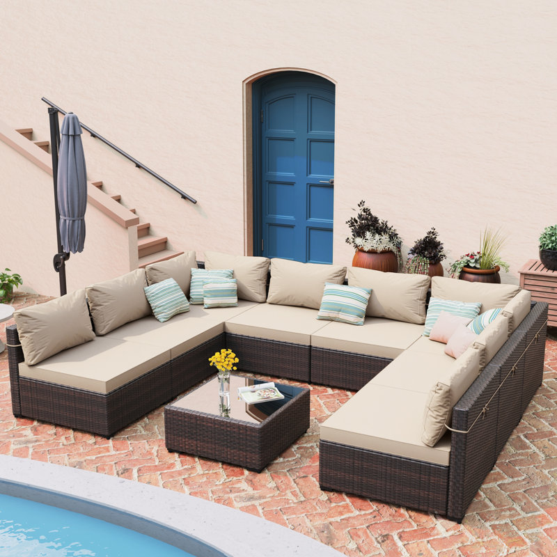 9-piece wicker patio conversation sets with cushions, Beige