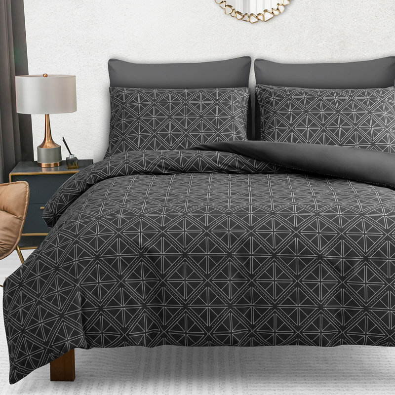 Soft Touch Reversible Duvet Cover  with Secure Zipper & Corner Ties, Grey, Single Duvet Cover + 1  Standard Pillowcase