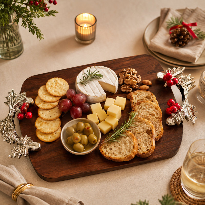  Handcrafted Silver & Wood Brown Serving Platter 