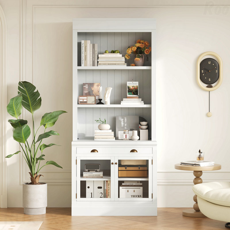 Armoire de rangement de 83,4 po de hauteur avec bibliothèque et tiroir ouvert, Blanc