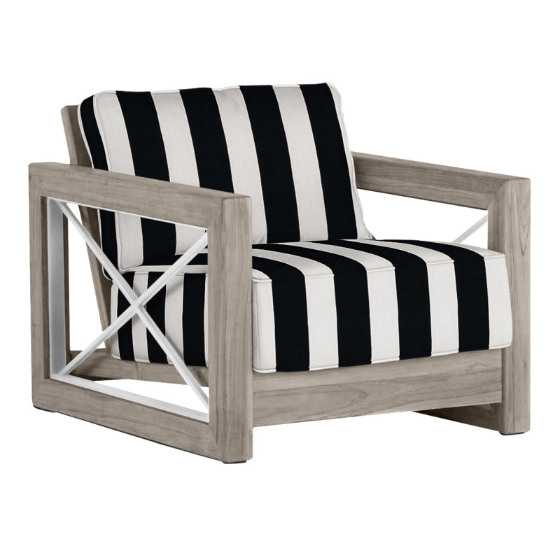 Malta Teak Outdoor Lounge Chair, Oyster Teak/Brushed Stainless, No welt + Standard fill, Cabana Midnight Stripe Sunbrella®