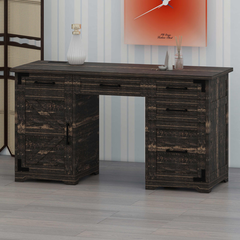 Bureau de direction Farmhouse avec station de charge, prises de courant, tiroirs, armoire et tiroir classeur, Rustic Gray