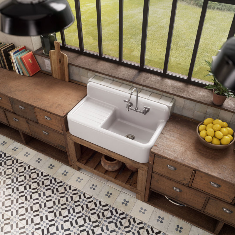 Whitehaus 42" Single Bowl Fireclay Kitchen or Utility Front Apron Sink: Integral Drainboard, High Backsplash
