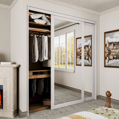 80" Mirrored Sliding Closet  Doors With Hardware Kit & Handles