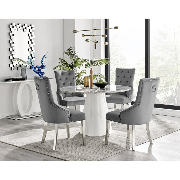 Edward Statement Marble Effect Pedestal Dining Table Set with 4 Velvet Upholstered Dining Chairs