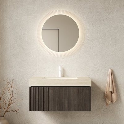 Meuble-lavabo de salle de bain gris en pierre frittée grise 36 po, lavabo en céramique avec trop-plein et trou de robinet pré-percé, armoire en contreplaqué, comptoir à tiroir à fermeture en douceur, comptoir, lavabo, armoire flottante,