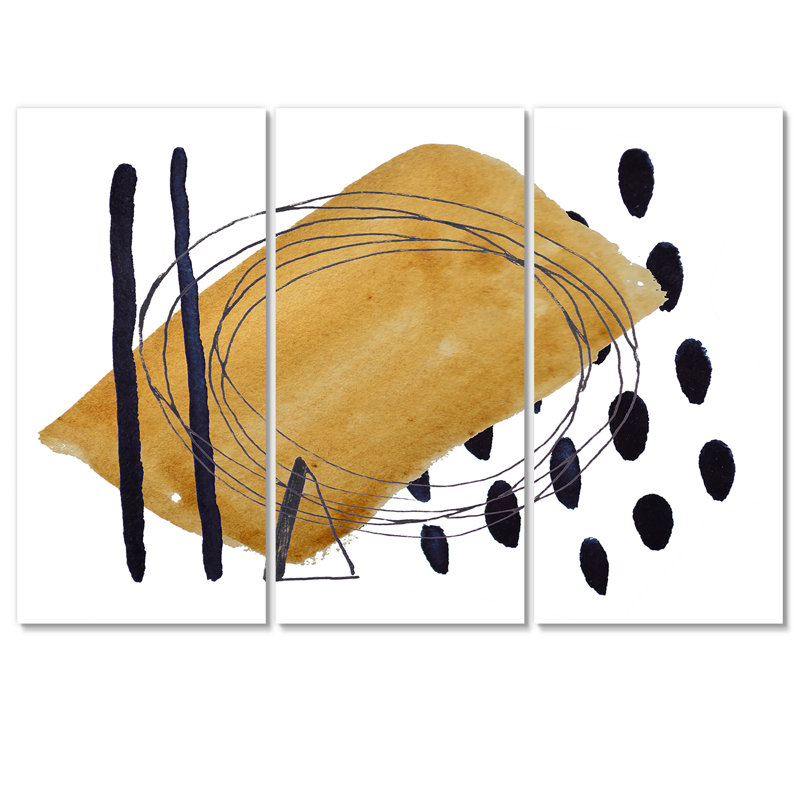 Abstrait géométrique en brun avec pois noirs - reproduction d'art moderne sur toile, H 28 po x l 36 po x P 1 po