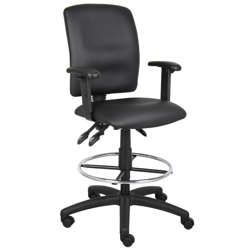 Reza Swivel Drafting Stool, Adjustable Arms, Footring, Black Faux Leather, Black Faux Leather