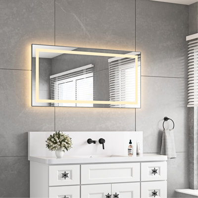 48" X 28" Led Bathroom Mirror With 3 Colour Switching, Fog, Aluminum Frame, Memory, Stepless Dimmable, Ash, Enhances Atmosphere Front And Backlight, Colours, Dimming, Adds Glamour To