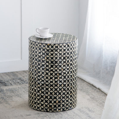 Contemporary Black Round Accent Stool with Geometric Inlay, Dual-Purpose Side Table for Living Spaces