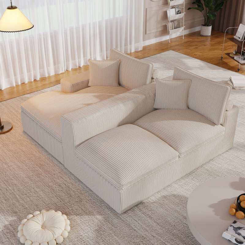 Boneless 108" No Assembly Required Modular Corduroy Sectional Sofa With Deep Seat, 3 Thickened Seat Cushions, 2 Throw Pillows, Compression Sofa