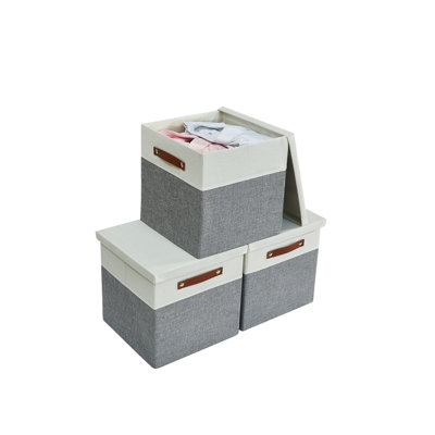 Decomomo Stackable Foldable Cube Storage  With Pu Handles Fabric Bin Set