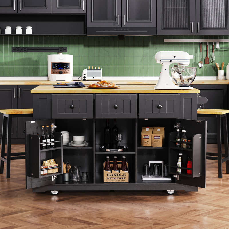 Black Kitchen Island With 2 Seats, Power Source, Internal Storage Unit, Drop-Down Leaf, 5 Side , 3 Drawers For Dynamic Spaces Chairs, Input, Storage, Wonderful Kitchens