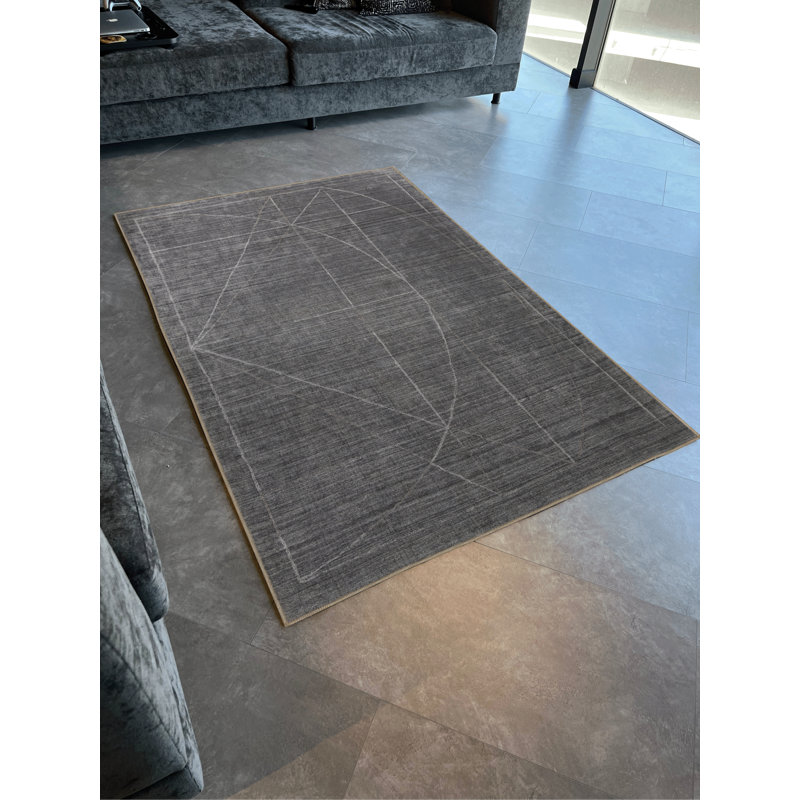 Tapis décoratif à motif géométrique à rayures et motif abstrait gris, Rectangle 4 pi 11,06 po x 9 pi 10,11 po