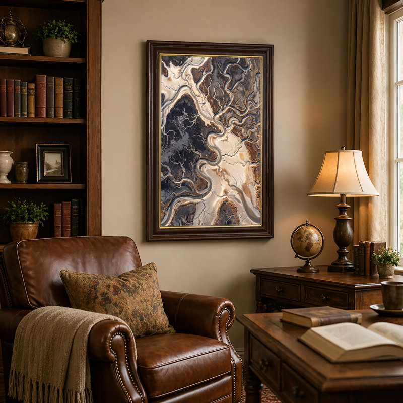 «Winding River and Marshland», vue aérienne, tons de terre, art mural sur toile, 18"H x 12"W