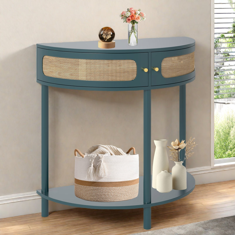 Unique Half Moon Design End Table With Sliding Rattan Door,Elegant Semi-Circle Entryway Console Table With 2 Rattan Storage Cabinet And Bottom Shelf For Living Room, Bedroom, Study, Hallway