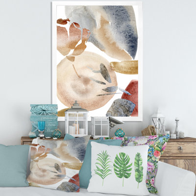 Abstrait avec pastel rouge rose, beige et taches d'or - peinture sur toile encadrée