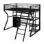 Lit mezzanine double avec plusieurs tablettes de rangement et garde-robe ouverte, lumières DEL et bureau