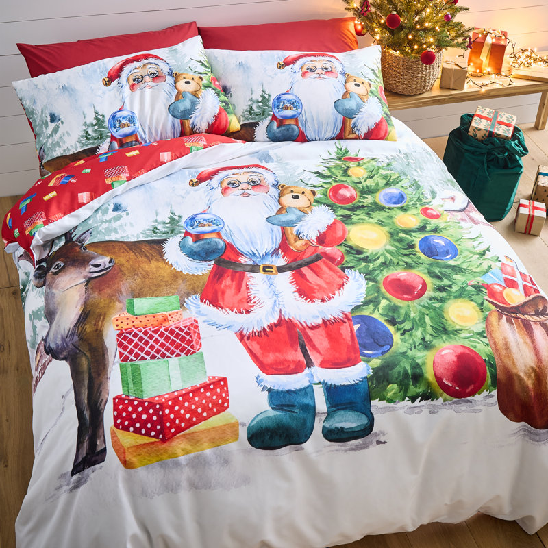 Christmas Retro Santa Reversible Duvet Cover Set, King Duvet Cover + 2 Standard Pillowcases