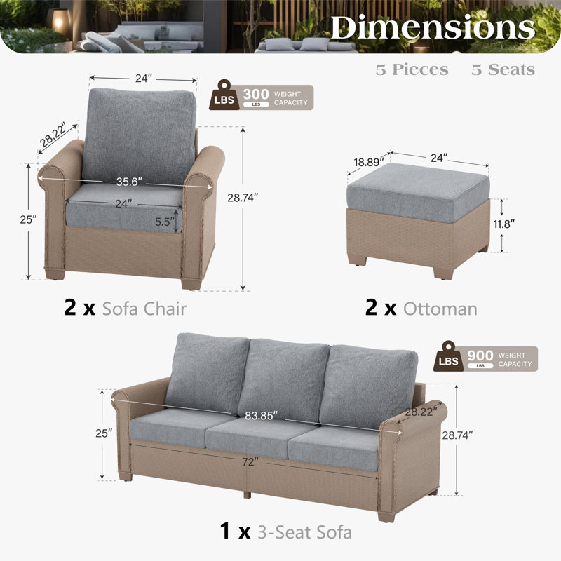 Rattan 7 - Person Seating Group with Cushions, Grey