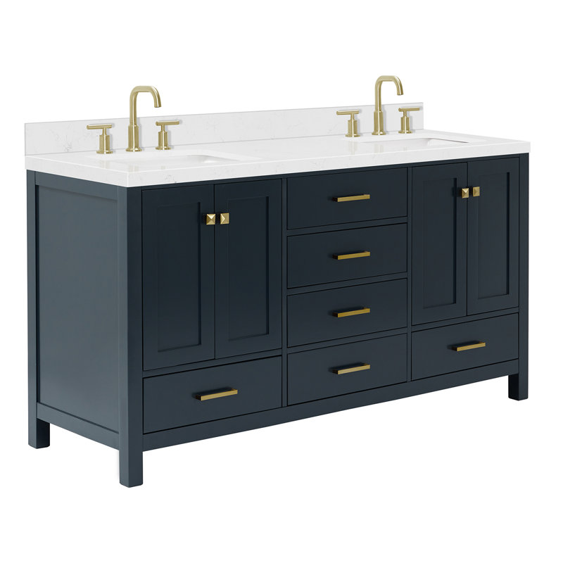  Meuble-lavabo double 66,25 po avec comptoir, Bleu minuit / laiton satiné