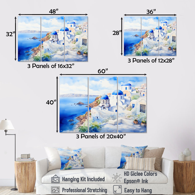 «Blue and White Greek Isles Village II - Grèce», art mural, Toile tendue, H 28 po x l 36 po