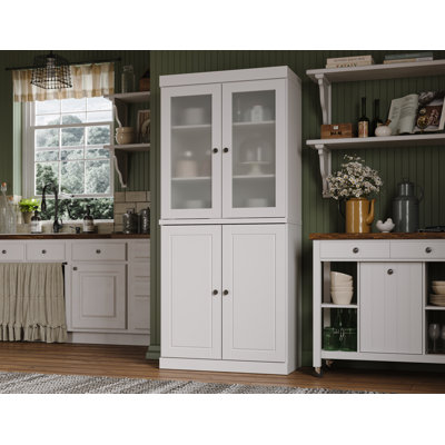 100% Solid Wood 32" Pantry Cabinet with Frosted Glass, Solid Doors, 2-Drawers and Adjustable Shelves