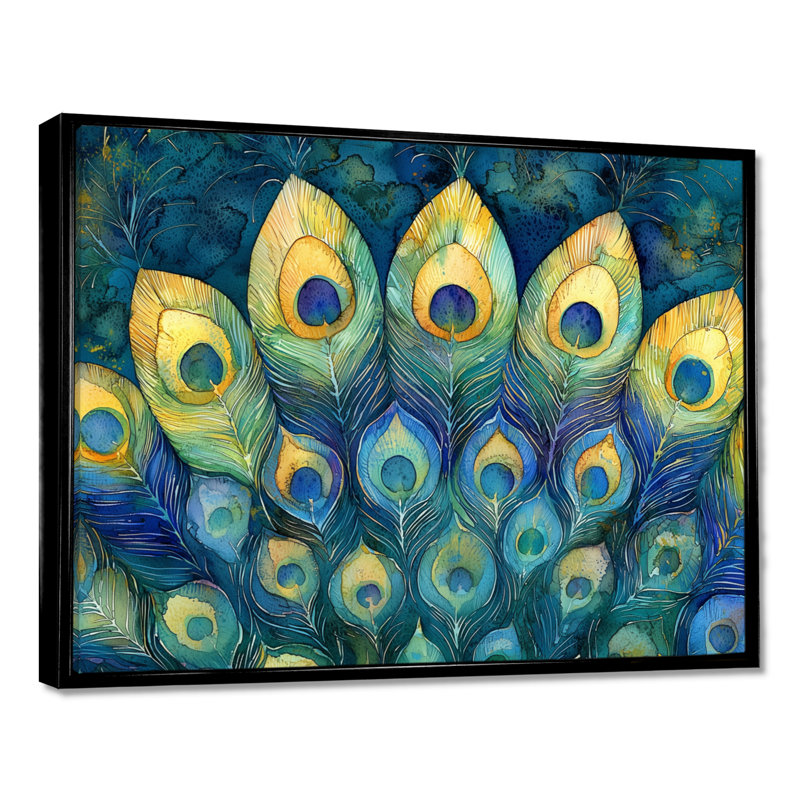 Emerald Peacock Feather Mosaic II - paon, art mural sur toile, H 12 po x l 20 po, Cadre flottant, Noir