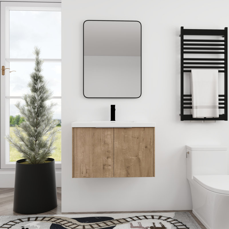 30" Wall Mounted Single Bathroom Vanity with Resin Vanity Top, Imitative Oak