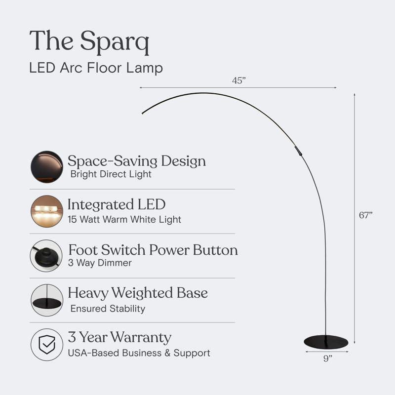 Sparq Arc 67 in. Industrial Black LED Floor Lamp with Built-In 3-Way Dimmer, Black