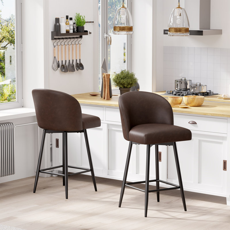 Counter Height Barstool Set Of 2, 360° Swivel Upholstered Barstool With Backrest And Metal Feet, 27” Seat Height, Dark Brown