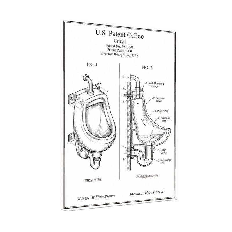 Dessin technique d'un brevet d'urinoir pour le bain et la lessive, H 18 po x l 12 po
