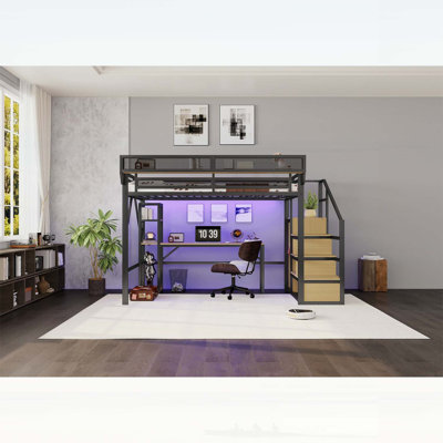 Lit mezzanine double en métal avec bureau, tablettes, garde-robe et éclairage à DEL pour les adolescents et les enfants, conception peu encombrante, fabrication durable