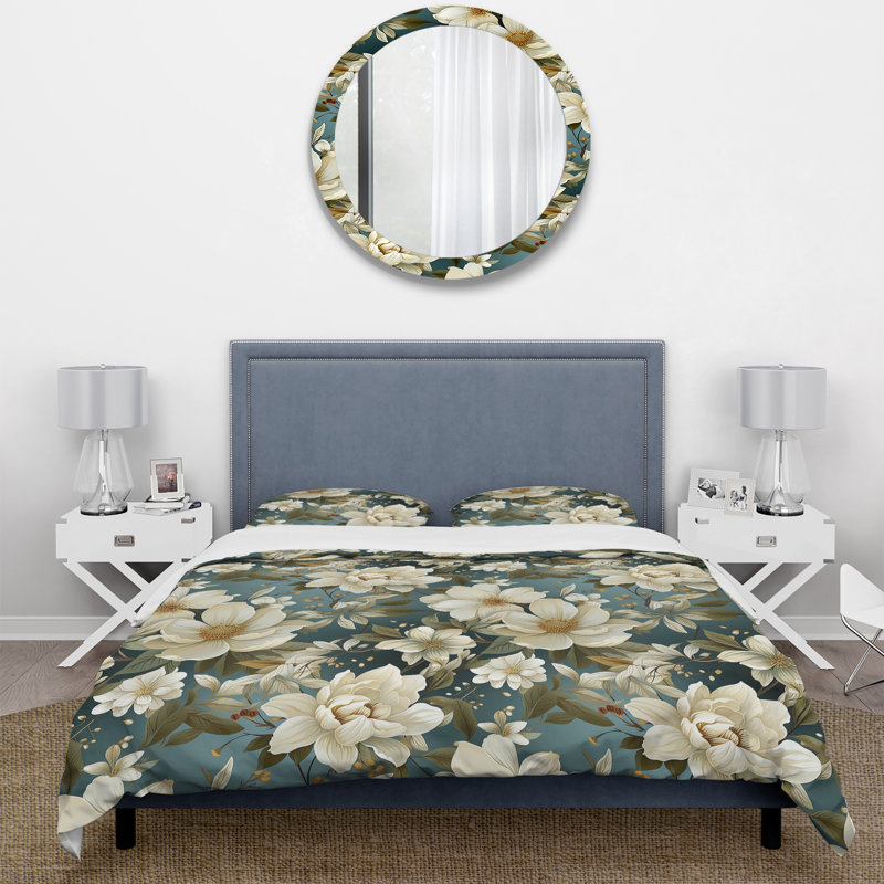 White Green Elegance Botanical Pattern I Polyester Floral Duvet Cover Set, King Duvet Cover + 2 King Shams