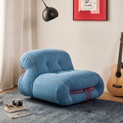 Modern Denim Blue Chenille Velvet Accent Chair with Pleated Texture and Stainless Steel Base – Comfortable Solo Seating for Living Spaces
