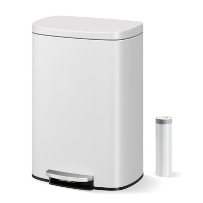 Large 13 Gallon Stainless Steel Kitchen Trash Can - Step Pedal, Soft-Close Lid, Removable Inner Bucket, Rustproof, Rear Handle - Modern Garbage Bin for Home or Office,White