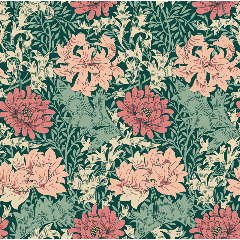 Padstow 10m x 50cm Matte Wallpaper Roll, Green/Pink