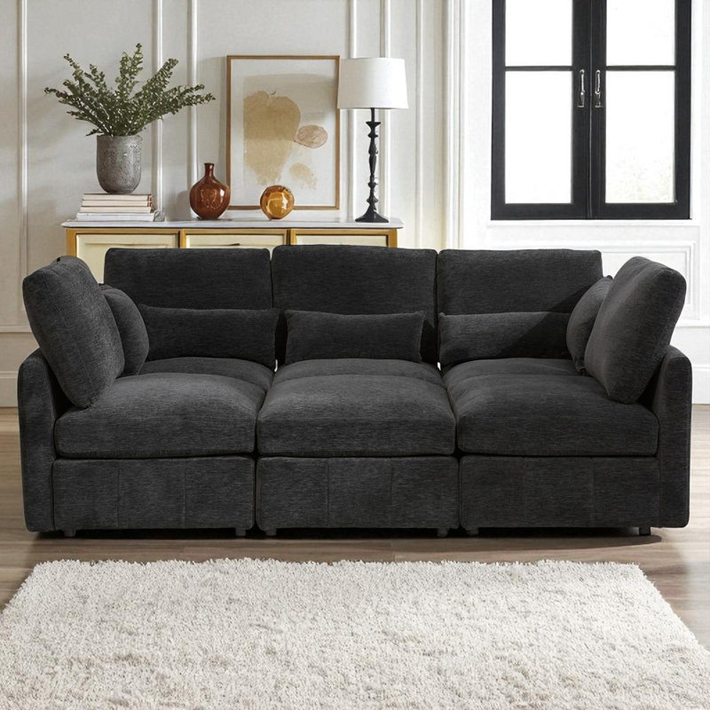 U-Shaped Modular Sectional Sofa With Ottoman And USB Ports, Black Chenille