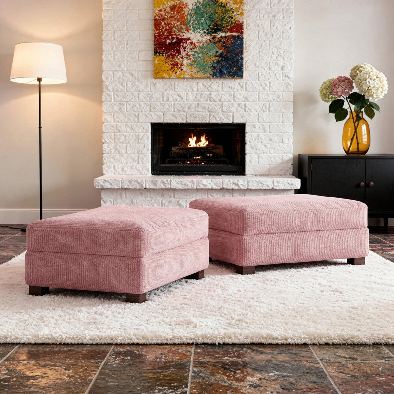 Upholstered Square Corduroy Ottoman, Pink