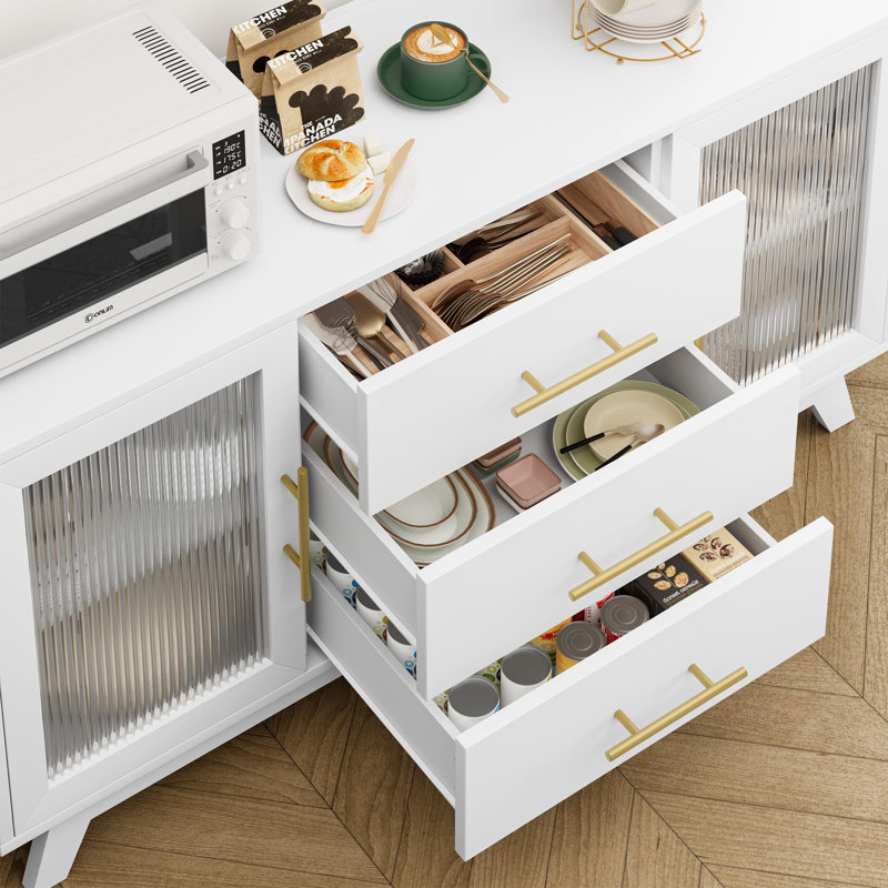 Coffer Bar Cabinet With 2 Fluted Glass Doors, 56" Modern Sideboard Buffet Cabinet With 3 Drawers, White