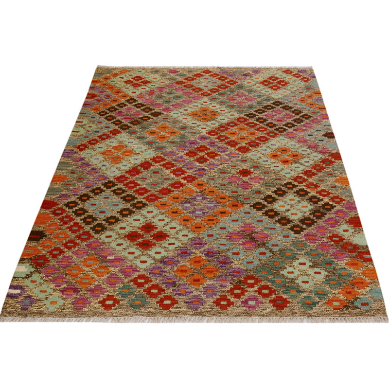 Tapis vert / rouge / mauve en laine noué à la main à motif géométrique 4 pi 5 po x 6 pi Sinclair