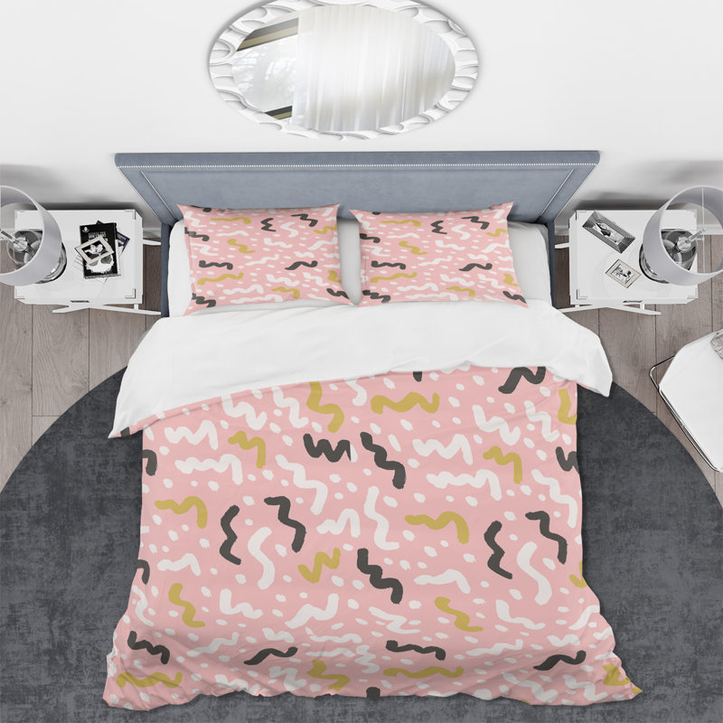 Ensemble de housse de couette moderne en microfibre de polyester rétro rose et noir blanc et vert II