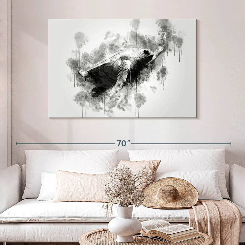 Tortue de mer noir et blanc, H 32 po x l 48 po